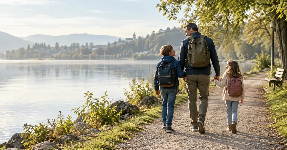 Scheidungsrecht für Männer – 15 Fragen zur Orientierung Fiktiver Vater geht mit zwei Kindern an einem Seeweg – Visualisierung zum Orientierungs-Check bei Trennung und Scheidung
