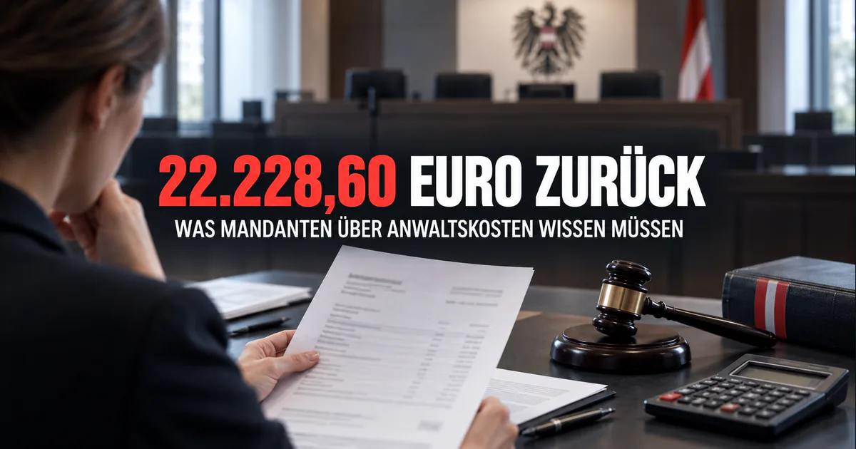 22.228,60 Euro zurück – Kostentransparenz bei Anwaltskosten Symbolische Gerichtsszene mit einer Person, Honorarunterlagen, Richterhammer und dem Hinweis auf 22.228,60 Euro Rückzahlung