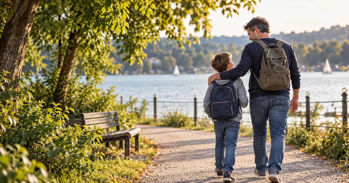Scheidungsrecht für Männer – Vater und Kind finden Orientierung Vater und Sohn gehen gemeinsam an einem See – Visualisierung zum Scheidungsrecht für Männer