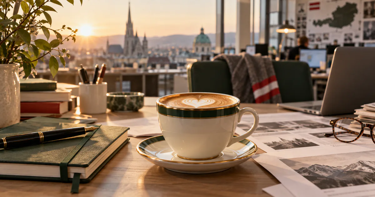 Kaffee für unabhängige redaktionelle Arbeit KI-generierte Symbolvisualisierung einer Redaktion mit Kaffeetasse, Notizbuch und Rechercheunterlagen im warmen Morgenlicht
