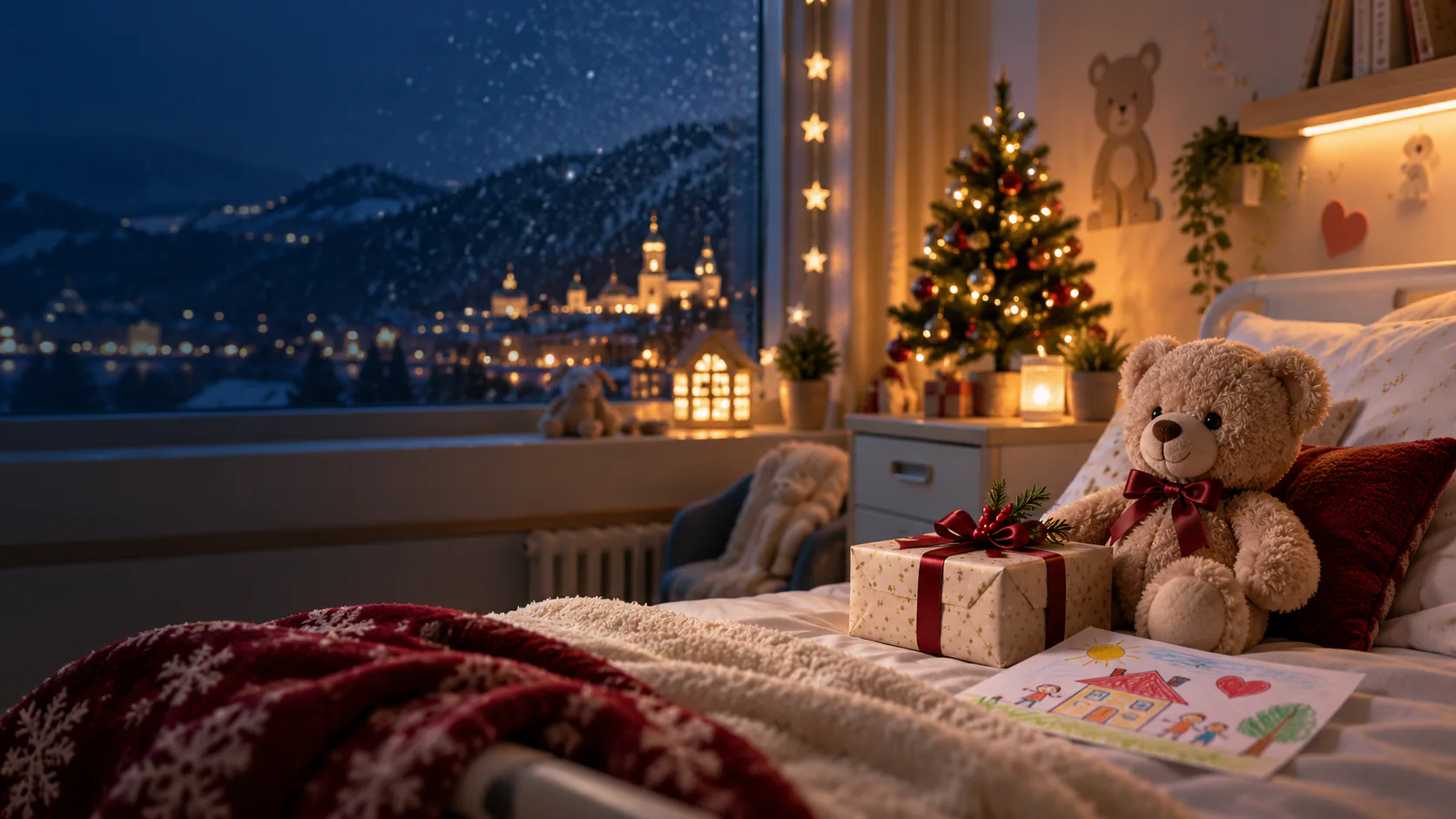 Weihnachtsfreude für Kinder mit Krebs – symbolisches Motiv Teddy und Geschenk auf einem Bett in einem weihnachtlich gestalteten Klinikzimmer – KI-generiertes Symbolbild