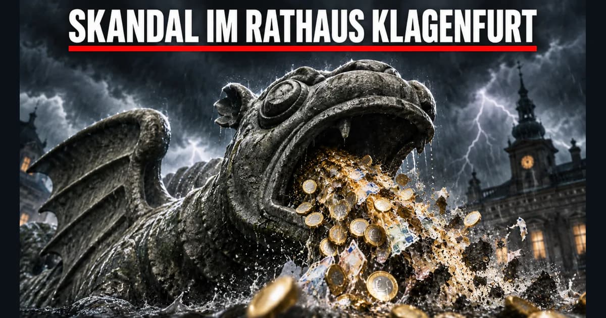 Zugespitzte KI-Symbolvisualisierung des Klagenfurter Lindwurms mit eingeblendeter Überschrift zum Klagenfurter Rathaus