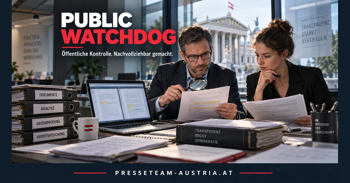 Public-Watchdog als nachvollziehbare zivilgesellschaftliche Tätigkeit Public Watchdog: Zwei Personen prüfen Dokumente mit einer Lupe vor dem österreichischen Parlament – Symbolbild öffentlicher Kontrolle.