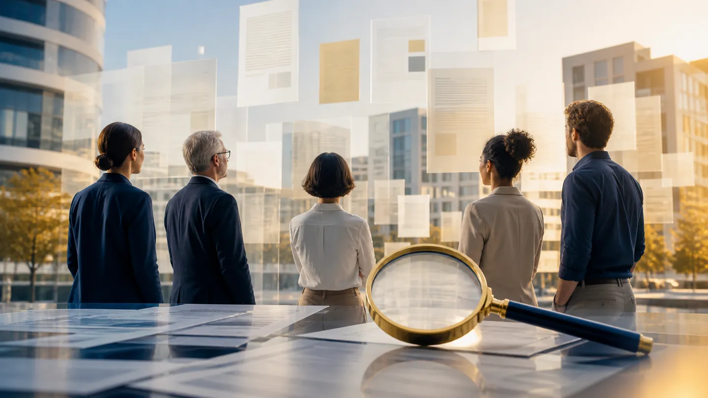 Public-Watchdog-Arbeit des Bürgerschutz Vereins – Recherche, Dokumentation und verständliche Information KI-generierte Visualisierung einer zivilgesellschaftlichen Recherchegruppe vor moderner europäischer Architektur mit transparenten Dokumentebenen und Lupe