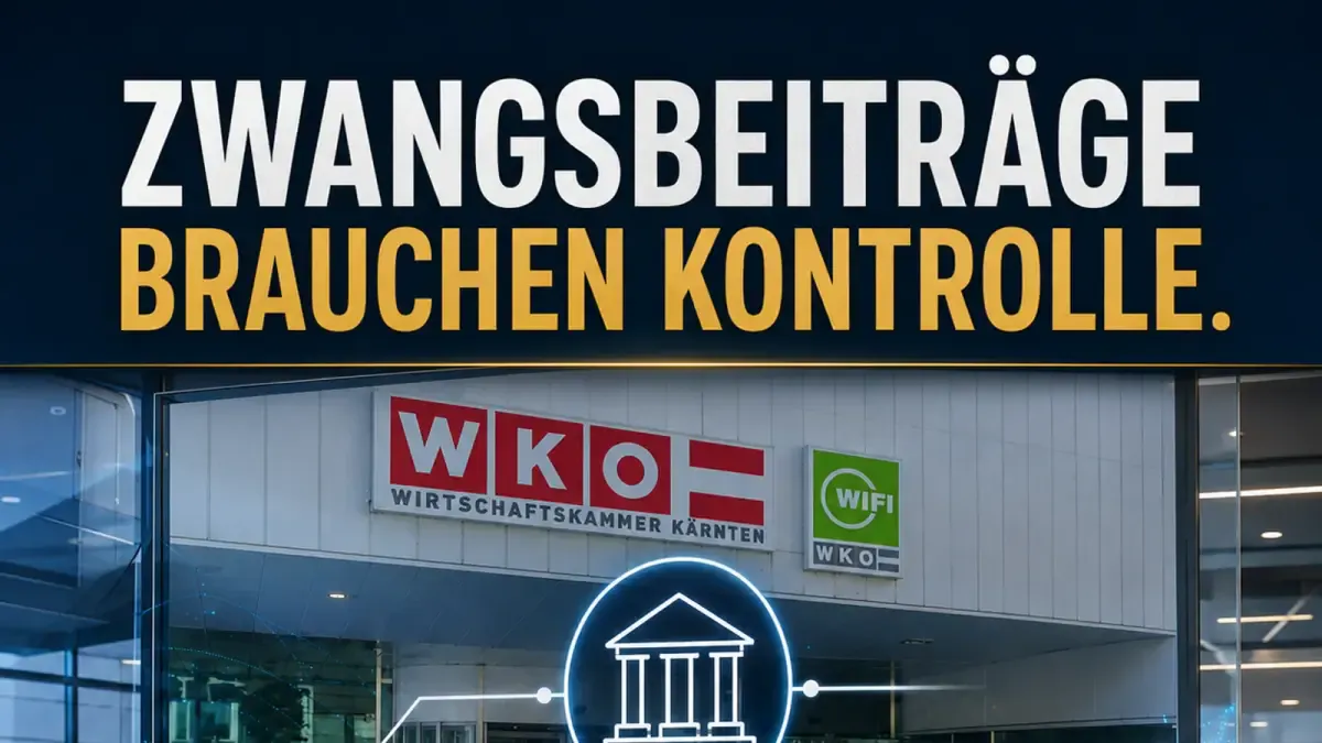 AFWK-Forderung: Pflichtbeiträge nachvollziehbar kontrollieren Gestaltetes AFWK-Kampagnenmotiv mit WKO-Kärnten-Gebäude und dem Slogan Zwangsbeiträge brauchen Kontrolle